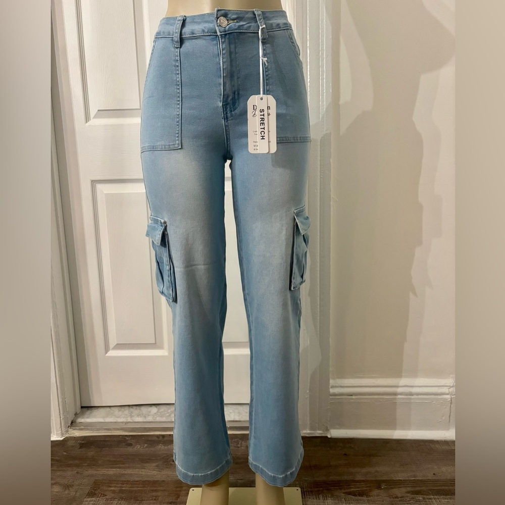 Sky Blue Straight Leg Cargo Jeans
